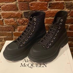Brand New Alexander McQueen Glitter Treadslick High-Top Sneakers - Size 38